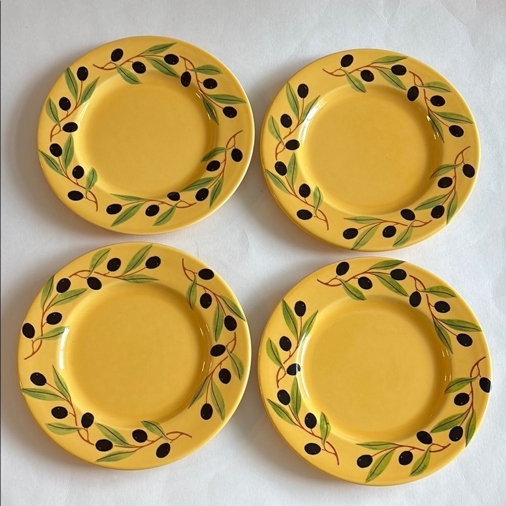Varages France Olive Branch Pattern Yellow Salad Plates Set of 4